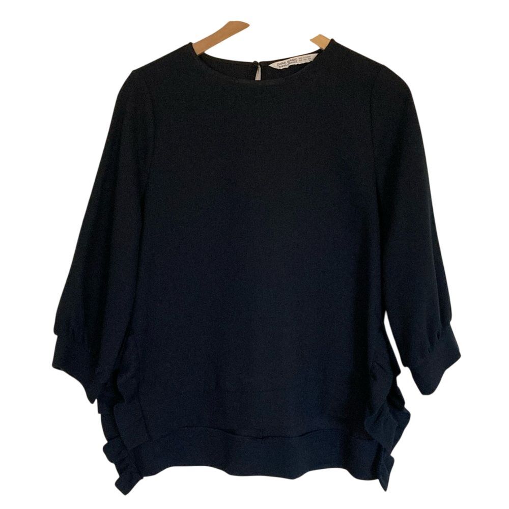 Zara Basic Blouse 3/4 Balloon Sleeve Womens Size Large Navy Tunic